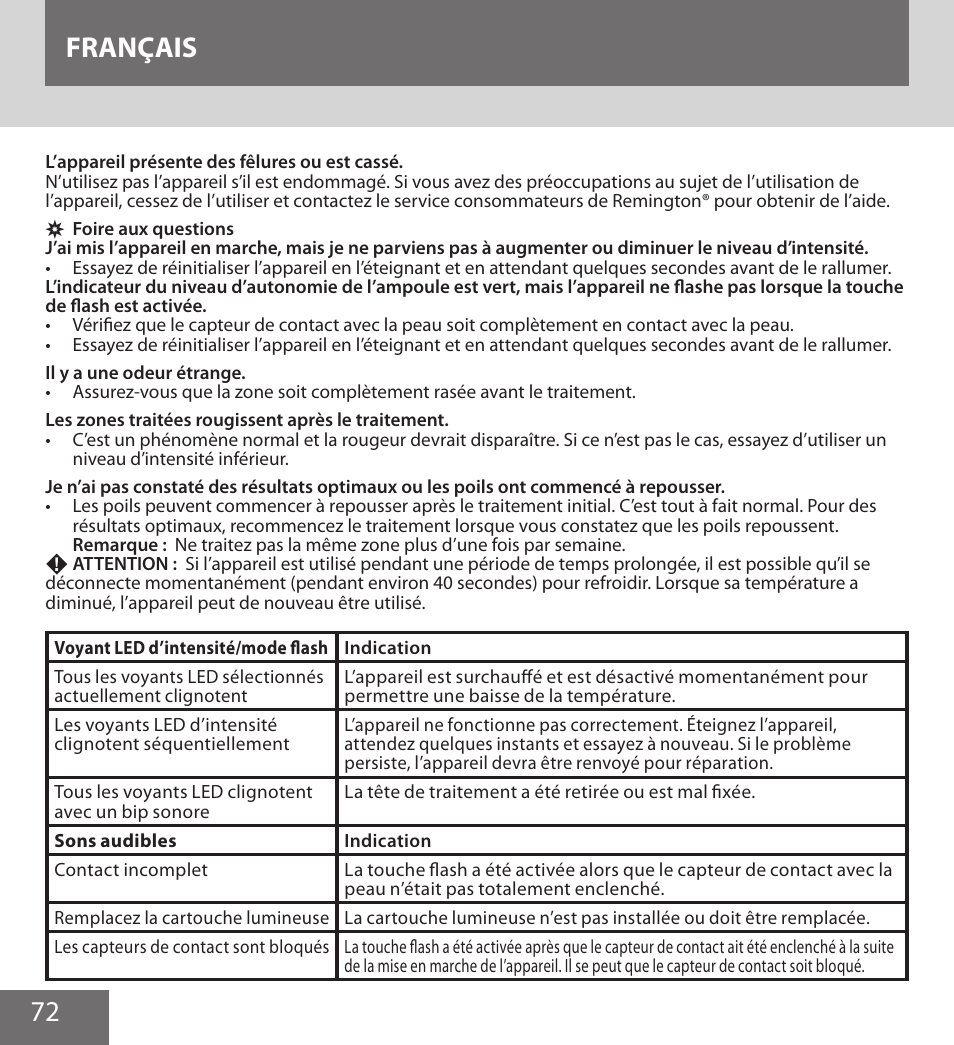 72 français | Remington IPL6000F User Manual | Page 72 / 204