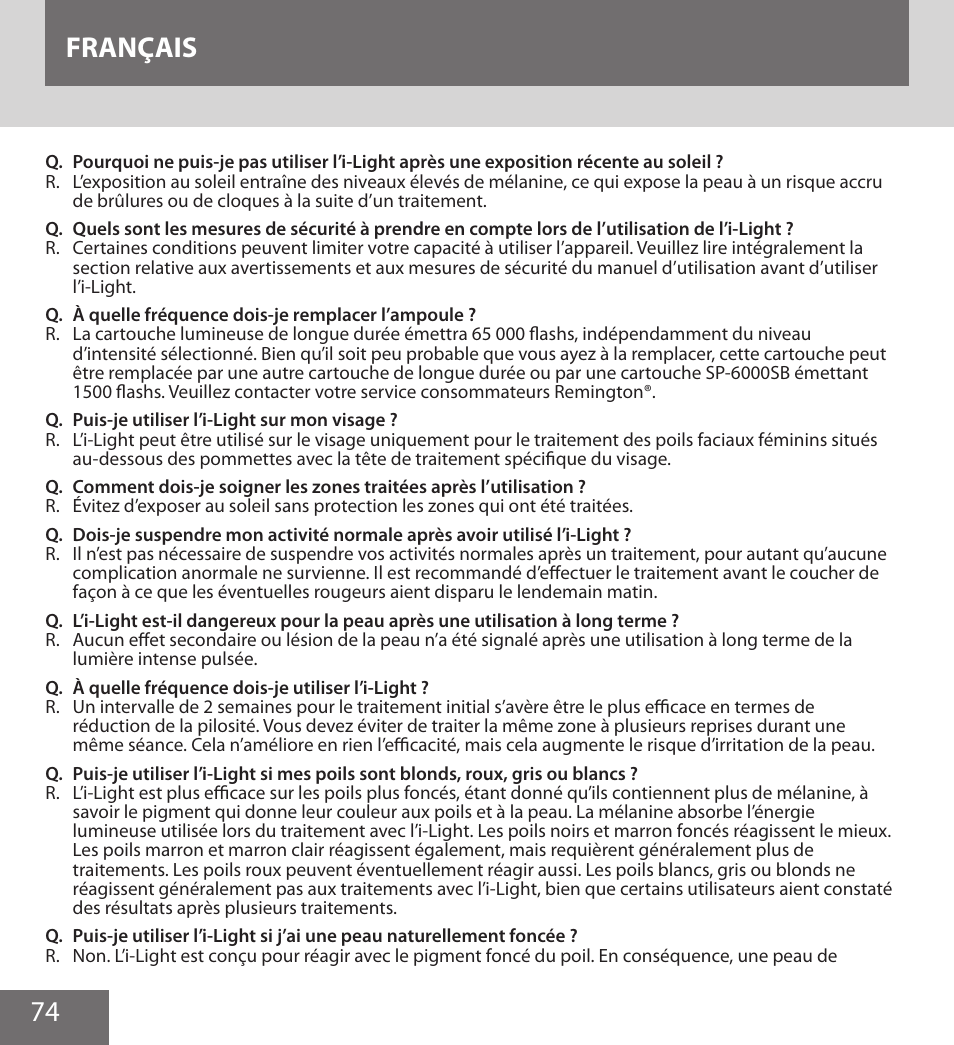 74 français | Remington IPL6000F User Manual | Page 74 / 204