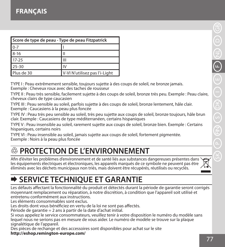 Protection de l’environnement, Service technique et garantie, 77 français | Remington IPL6000F User Manual | Page 77 / 204