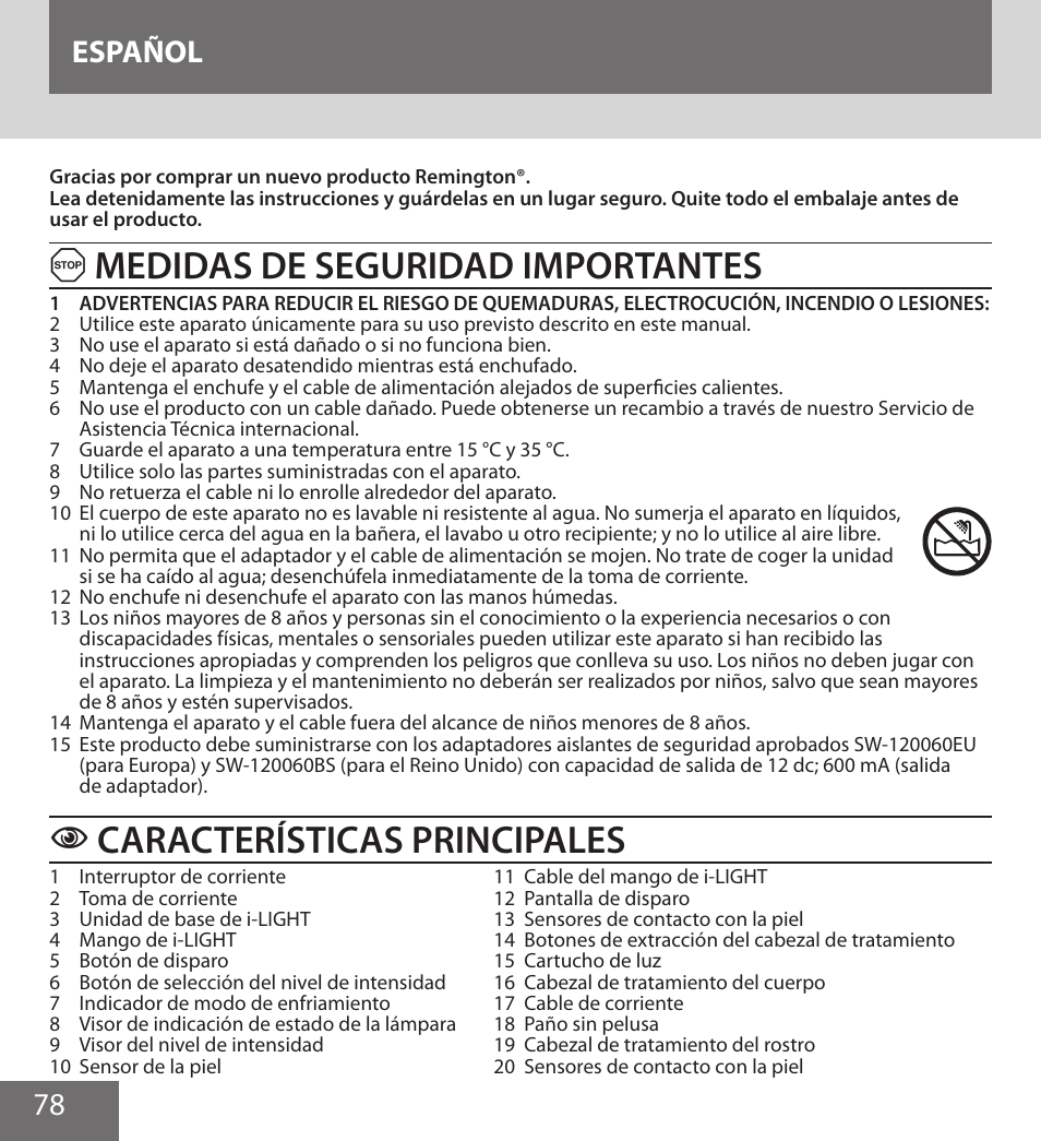 Medidas de seguridad importantes, Características principales, 78 español | Remington IPL6000F User Manual | Page 78 / 204