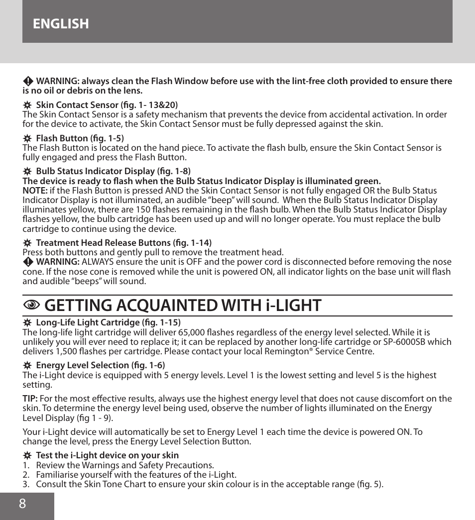 Getting acquainted with i-light, 8english | Remington IPL6000F User Manual | Page 8 / 204