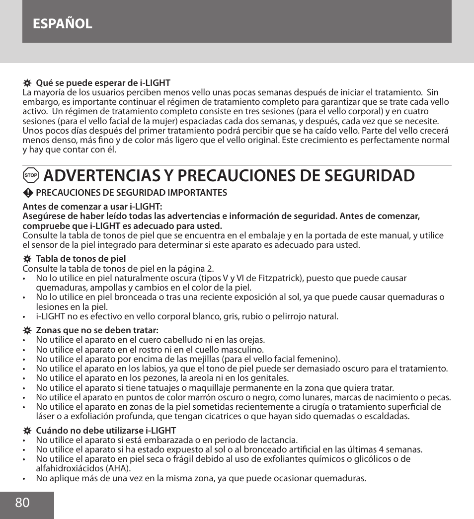 Advertencias y precauciones de seguridad, 80 español | Remington IPL6000F User Manual | Page 80 / 204