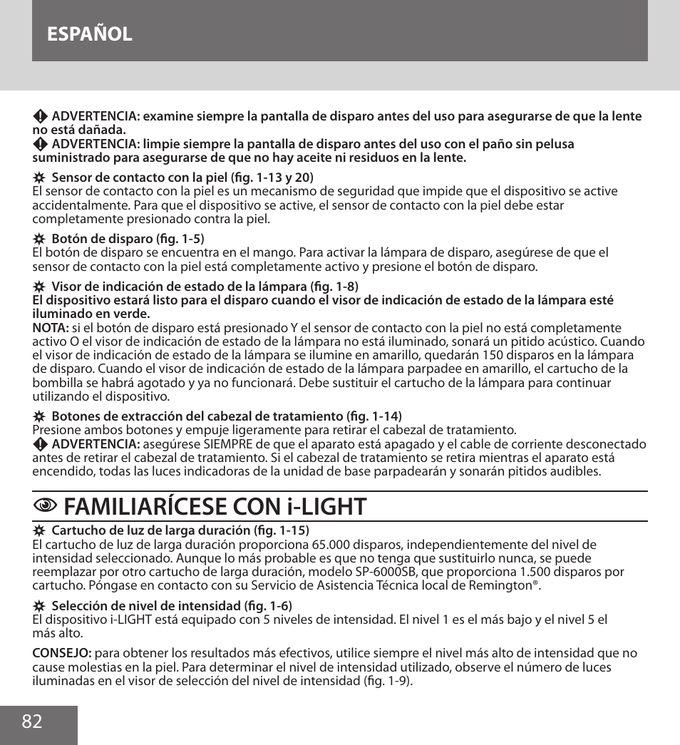 Familiarícese con i-light, 82 español | Remington IPL6000F User Manual | Page 82 / 204