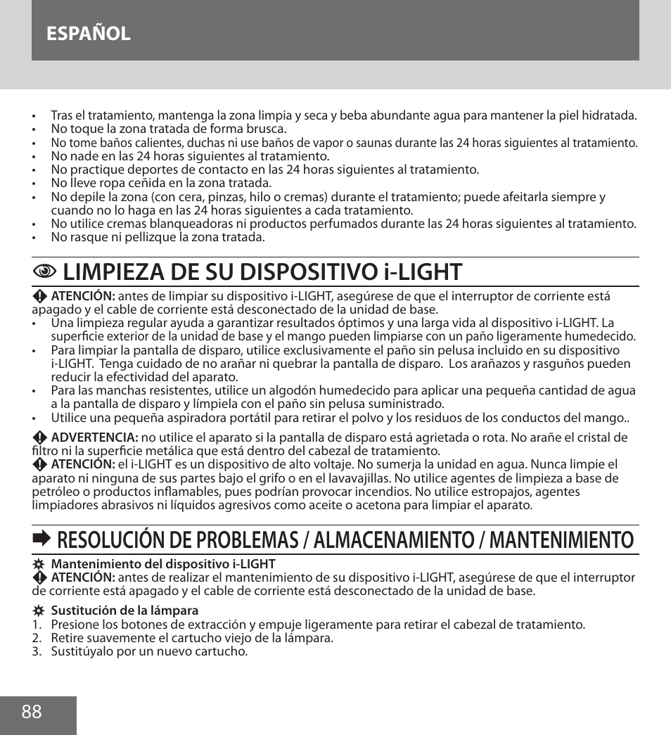 Limpieza de su dispositivo i-light, 88 español | Remington IPL6000F User Manual | Page 88 / 204