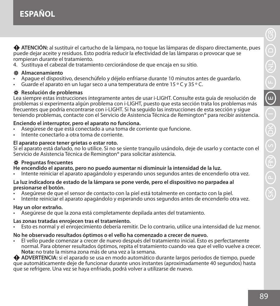 89 español | Remington IPL6000F User Manual | Page 89 / 204