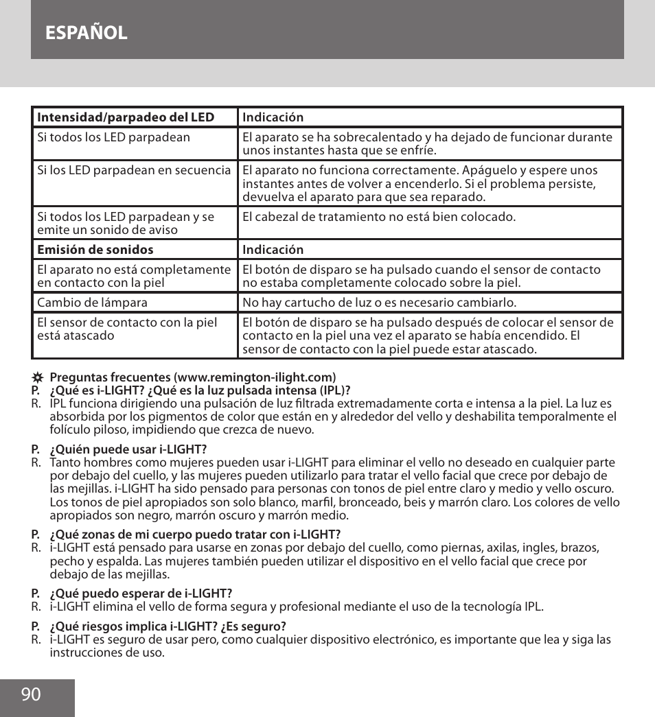 90 español | Remington IPL6000F User Manual | Page 90 / 204