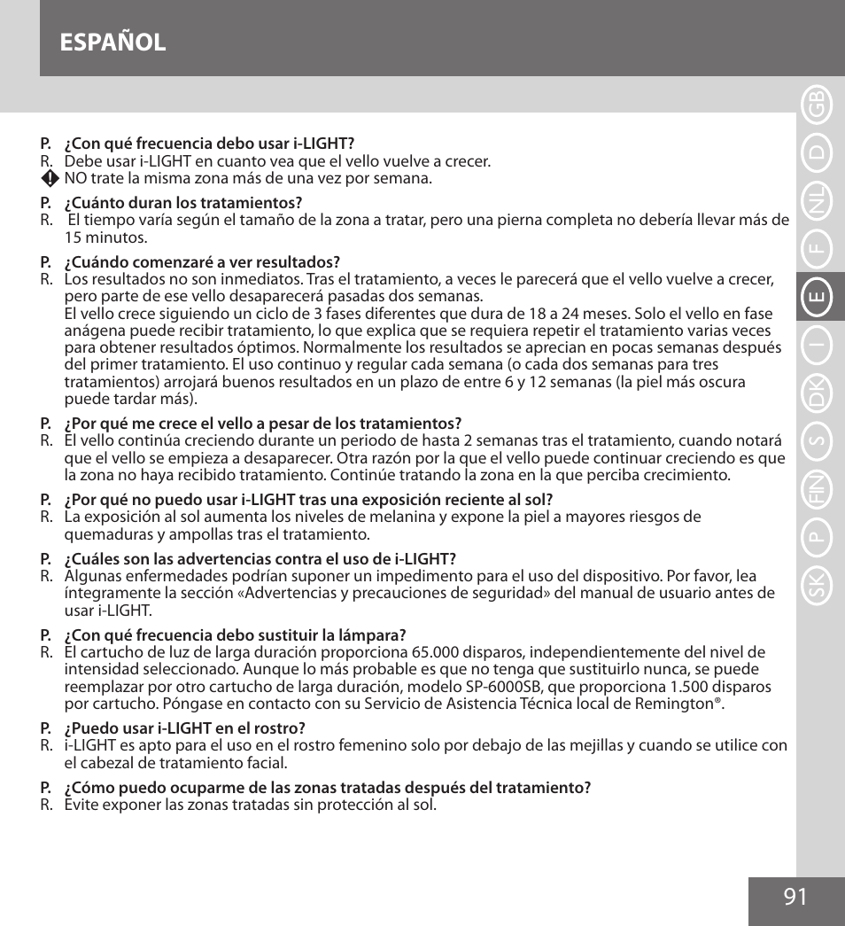 91 español | Remington IPL6000F User Manual | Page 91 / 204