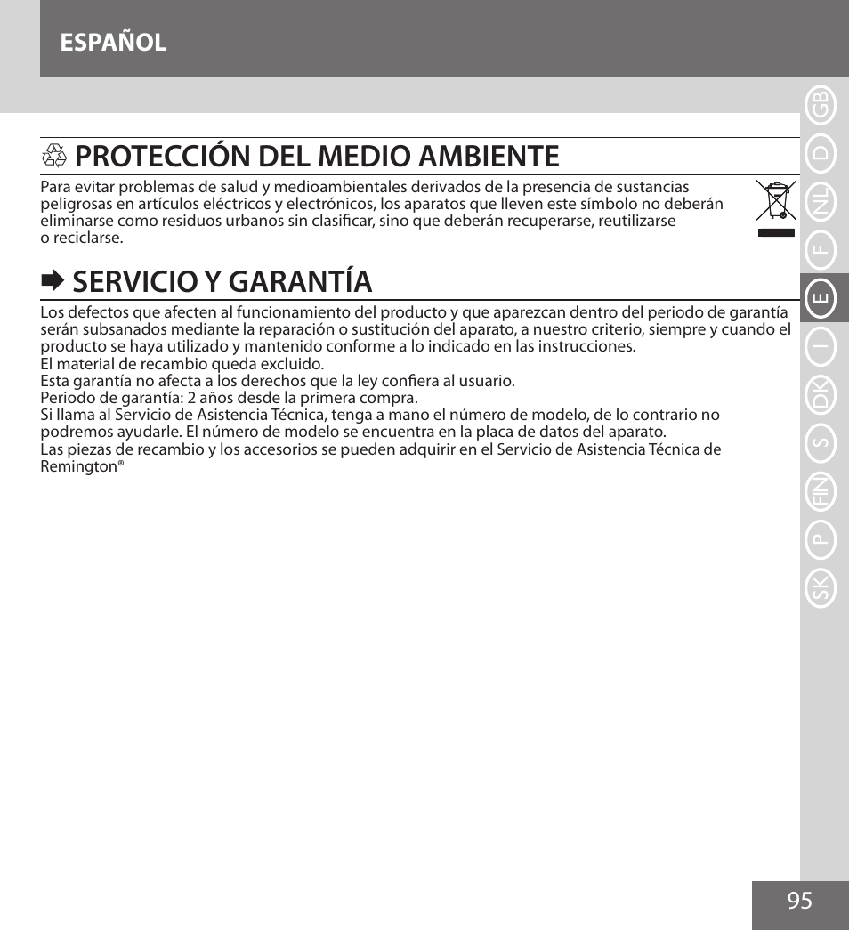 Protección del medio ambiente, Servicio y garantía, 95 español | Remington IPL6000F User Manual | Page 95 / 204