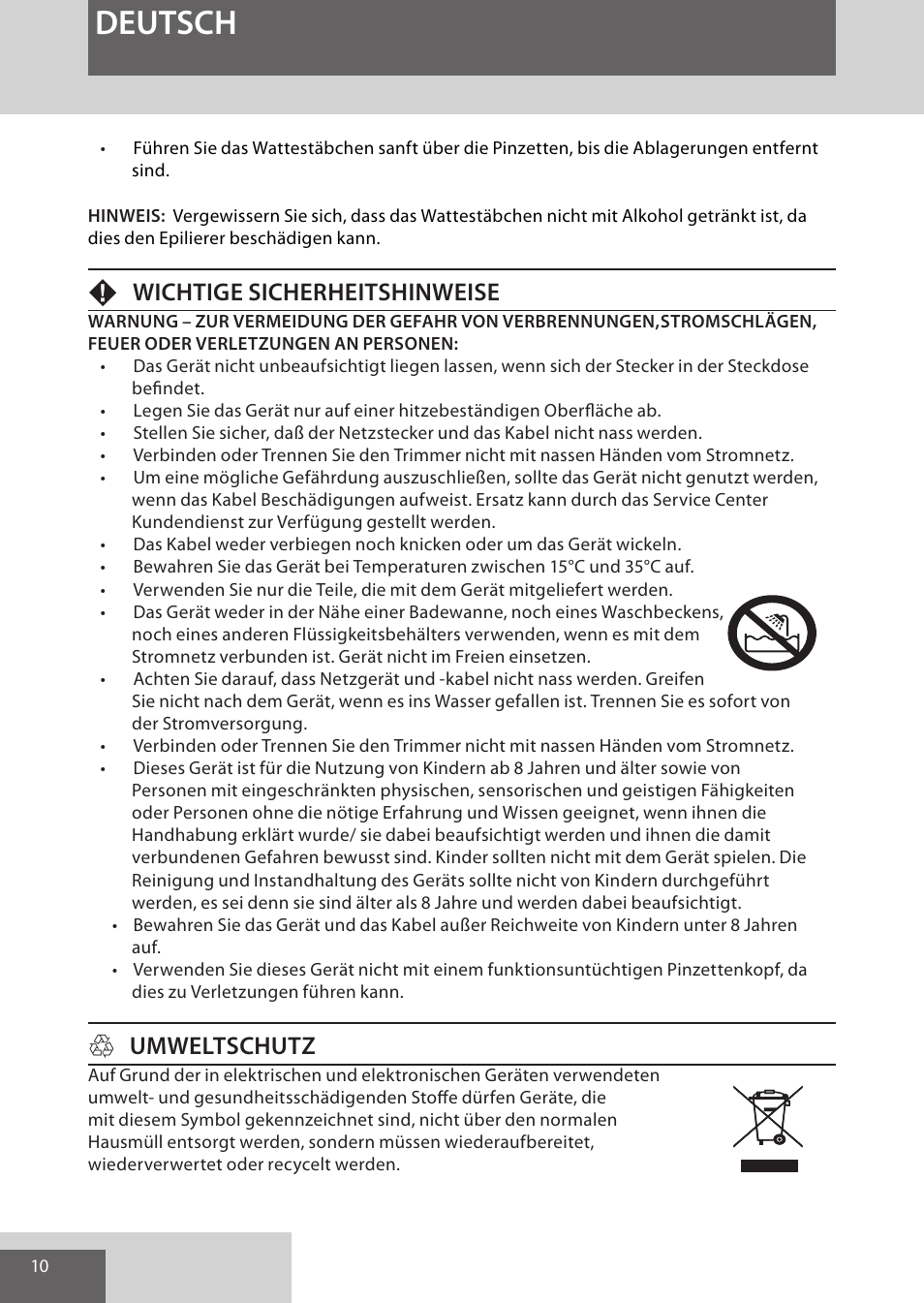 Deutsch, Fwichtige sicherheitshinweise, Humweltschutz | Remington EP7010 User Manual | Page 10 / 108