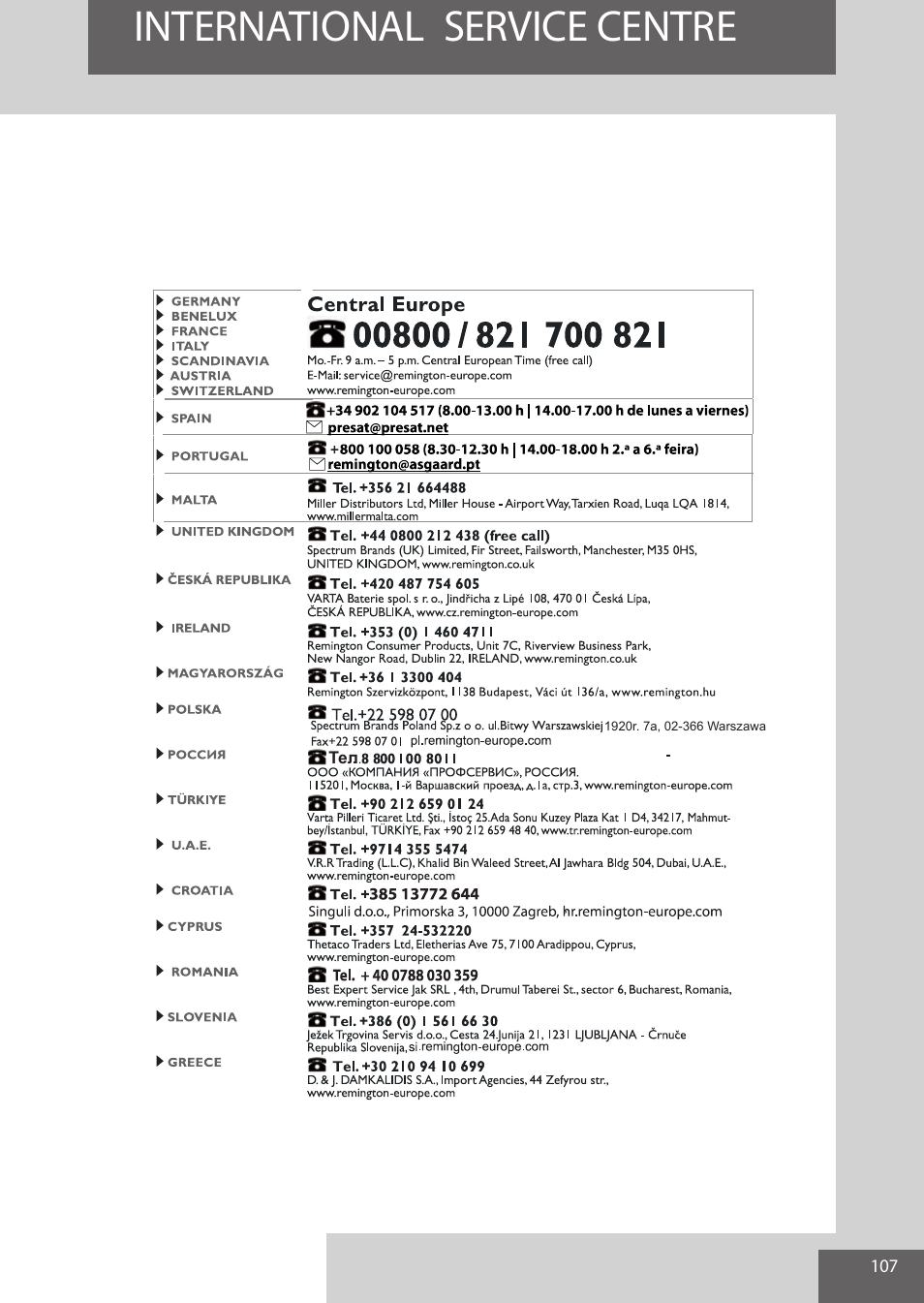 International service centre | Remington EP7010 User Manual | Page 107 / 108