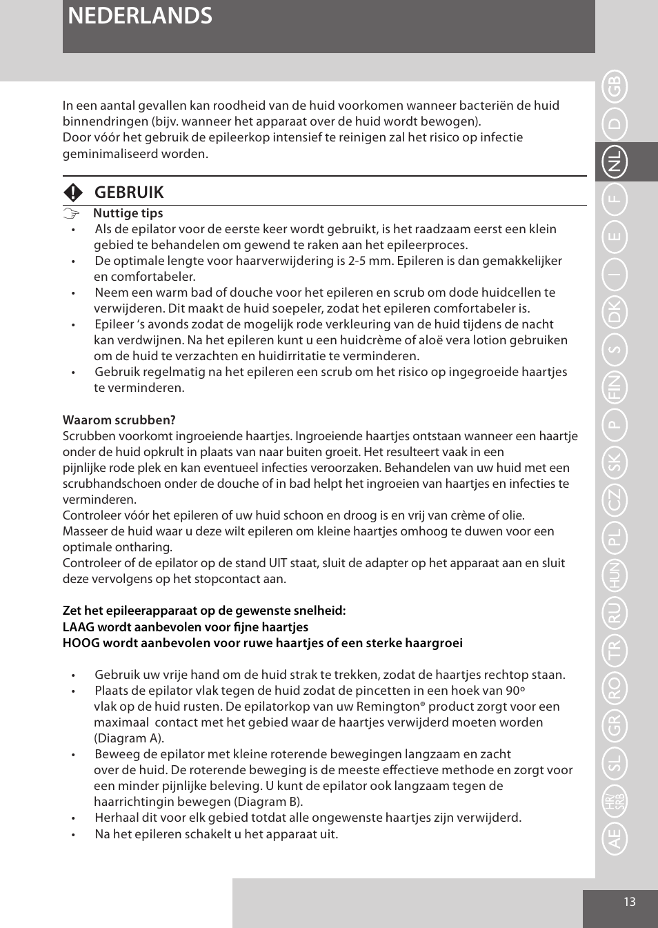 Nederlands, Fgebruik | Remington EP7010 User Manual | Page 13 / 108