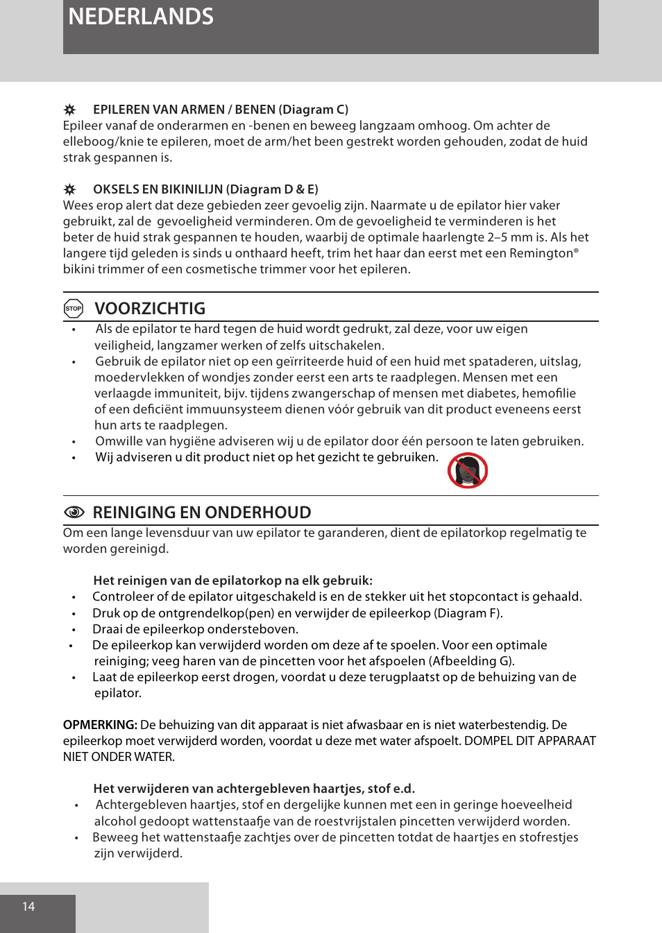 Nederlands, Avoorzichtig, Creiniging en onderhoud | Remington EP7010 User Manual | Page 14 / 108