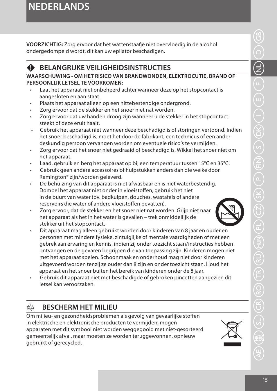 Nederlands, Fbelangrijke veiligheidsinstructies, Hbescherm het milieu | Remington EP7010 User Manual | Page 15 / 108