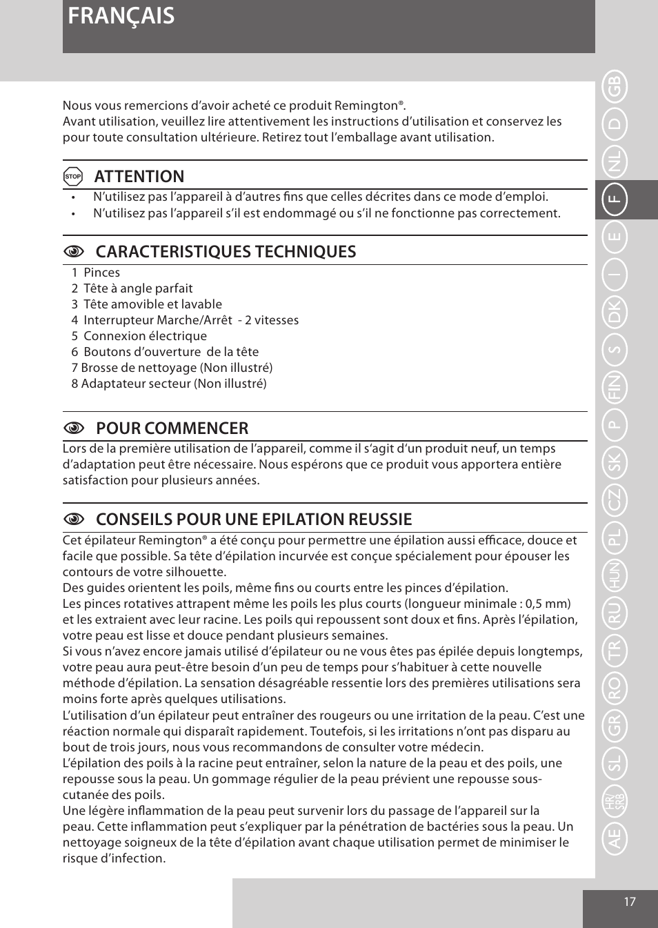 Français, Aattention, Ccaracteristiques techniques | Cpour commencer, Cconseils pour une epilation reussie | Remington EP7010 User Manual | Page 17 / 108