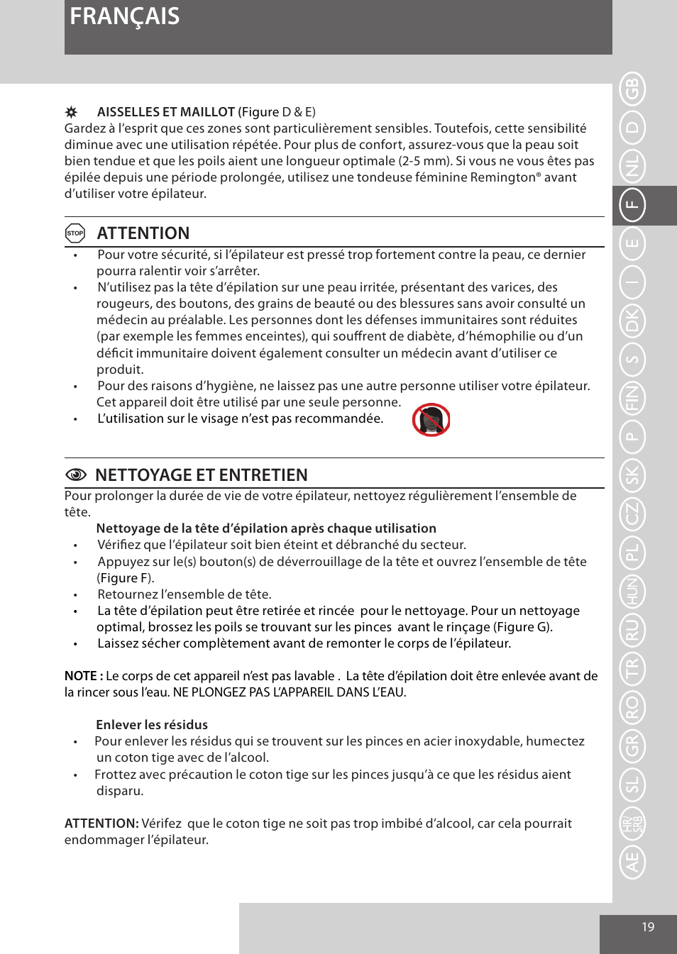 Français, Aattention, Cnettoyage et entretien | Remington EP7010 User Manual | Page 19 / 108