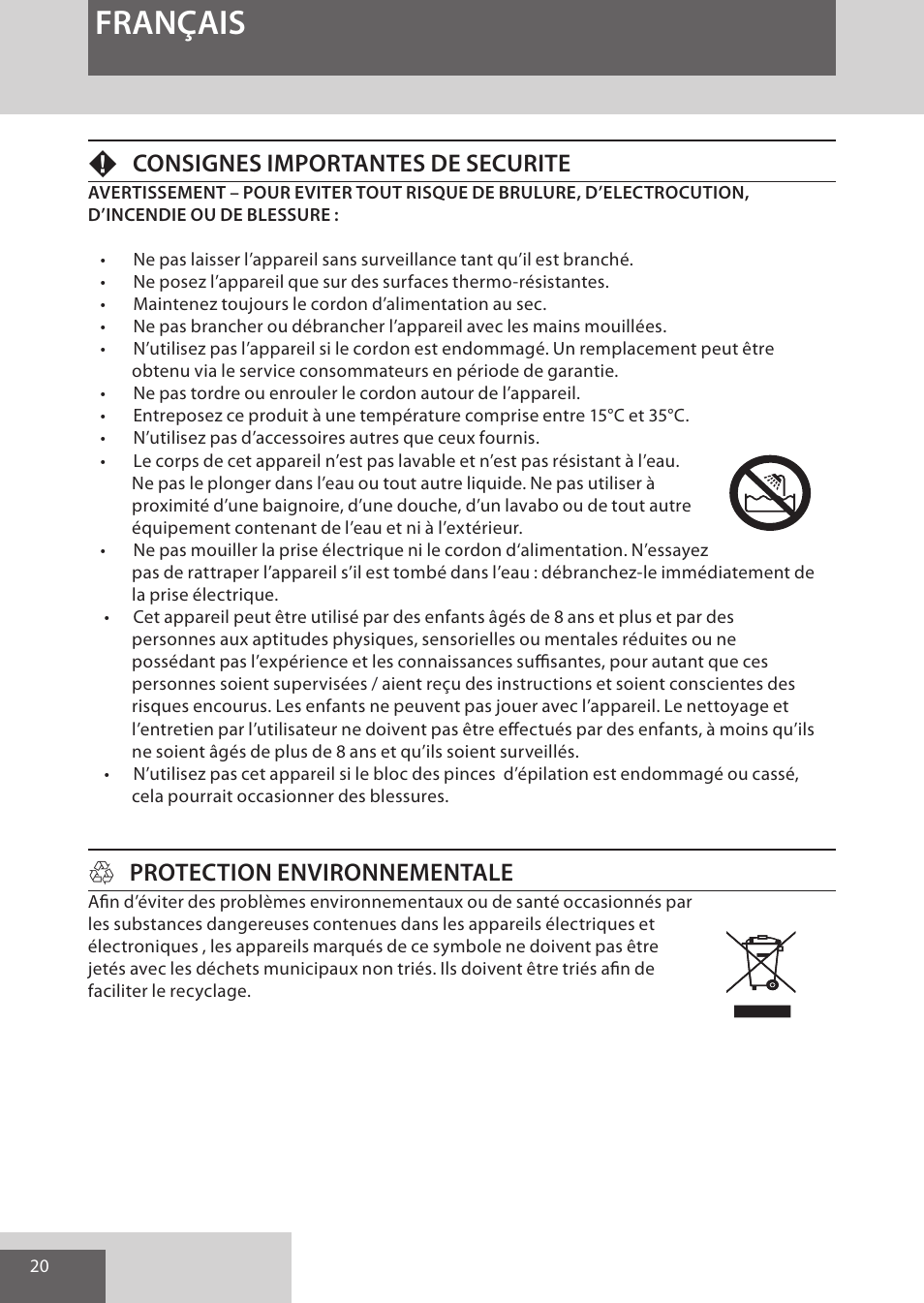 Français, Fconsignes importantes de securite, Hprotection environnementale | Remington EP7010 User Manual | Page 20 / 108