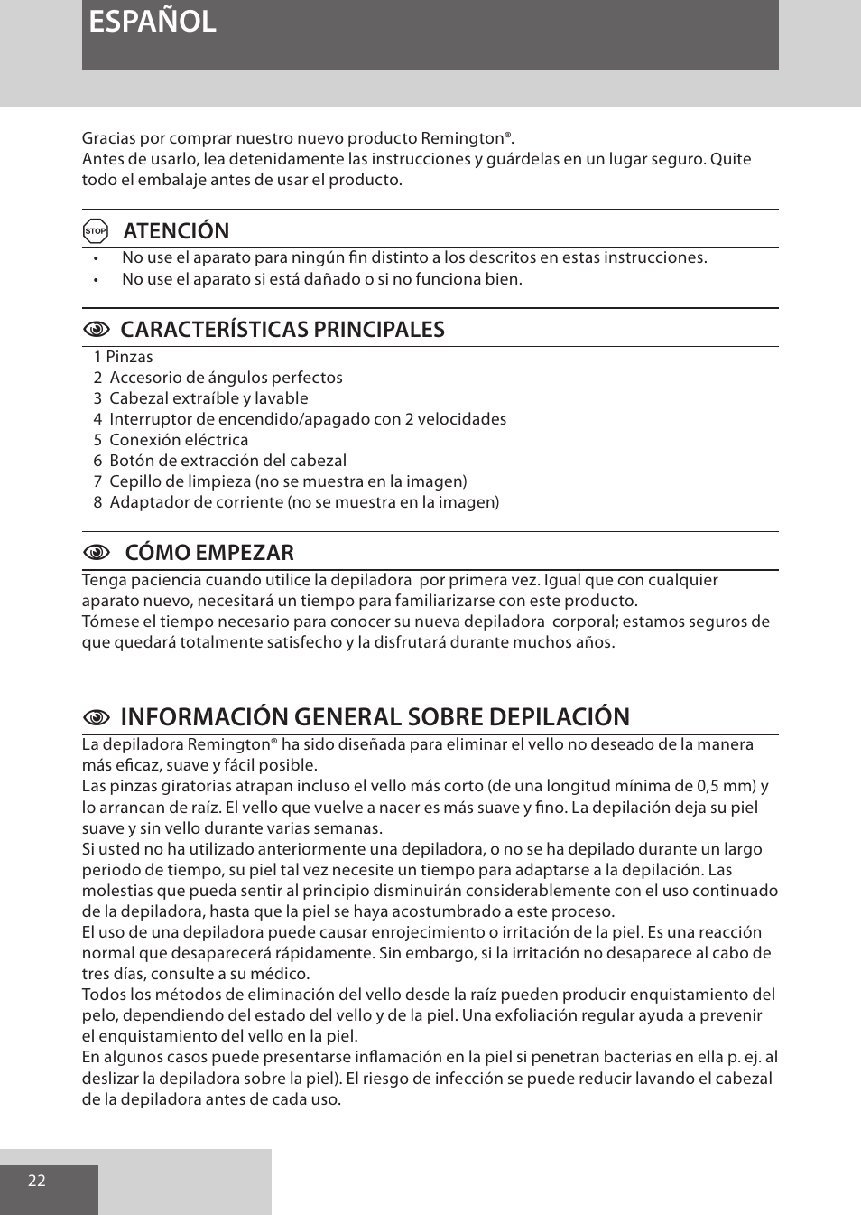 Español, Información general sobre depilación, Aatención | Ccaracterísticas principales, Ccómo empezar | Remington EP7010 User Manual | Page 22 / 108