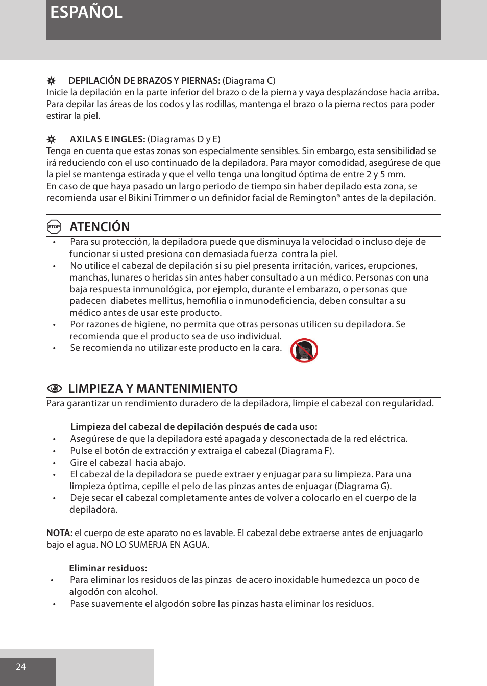 Español, Aatención, Climpieza y mantenimiento | Remington EP7010 User Manual | Page 24 / 108