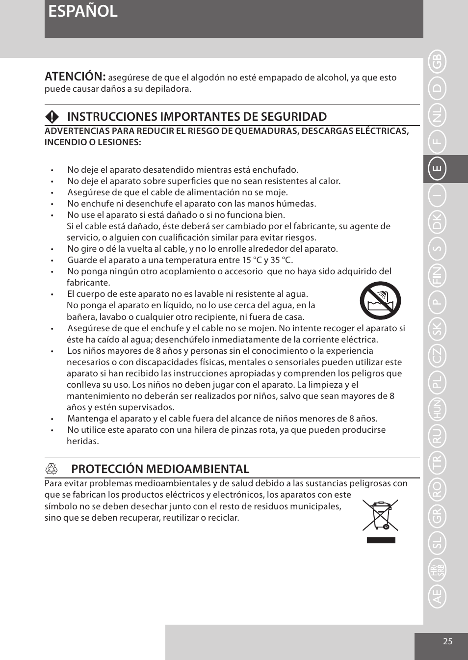 Español, Atención, Finstrucciones importantes de seguridad | Hprotección medioambiental | Remington EP7010 User Manual | Page 25 / 108