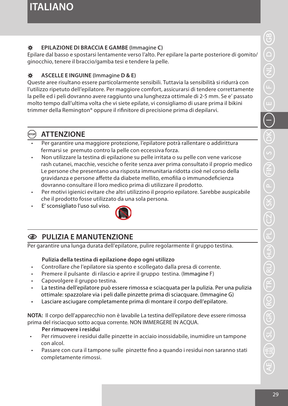 Italiano, Aattenzione, Cpulizia e manutenzione | Remington EP7010 User Manual | Page 29 / 108