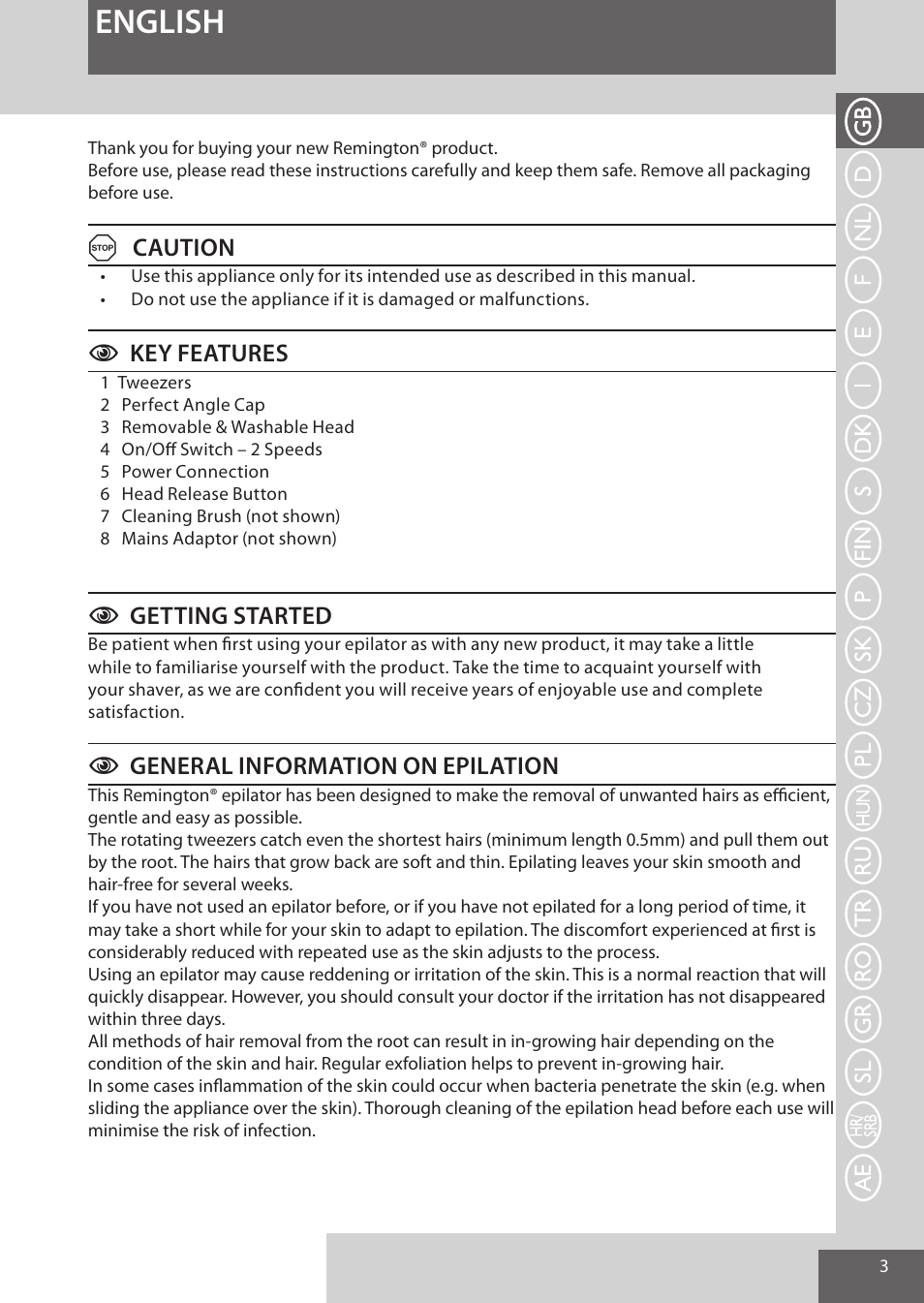 English, Acaution, Ckey features | Cgetting started, Cgeneral information on epilation | Remington EP7010 User Manual | Page 3 / 108