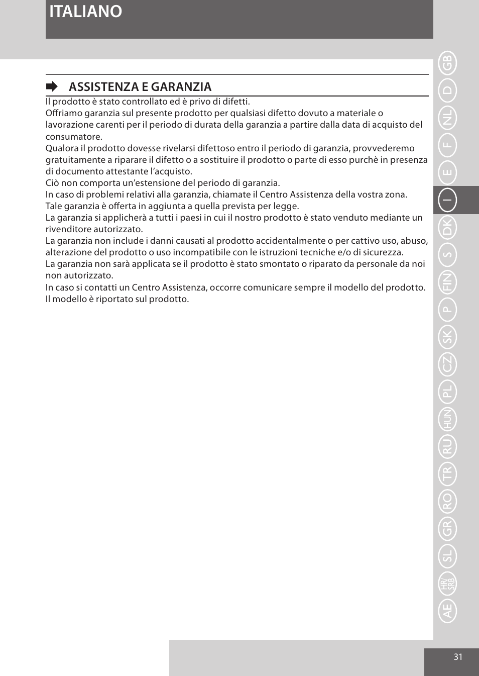 Italiano, Eassistenza e garanzia | Remington EP7010 User Manual | Page 31 / 108