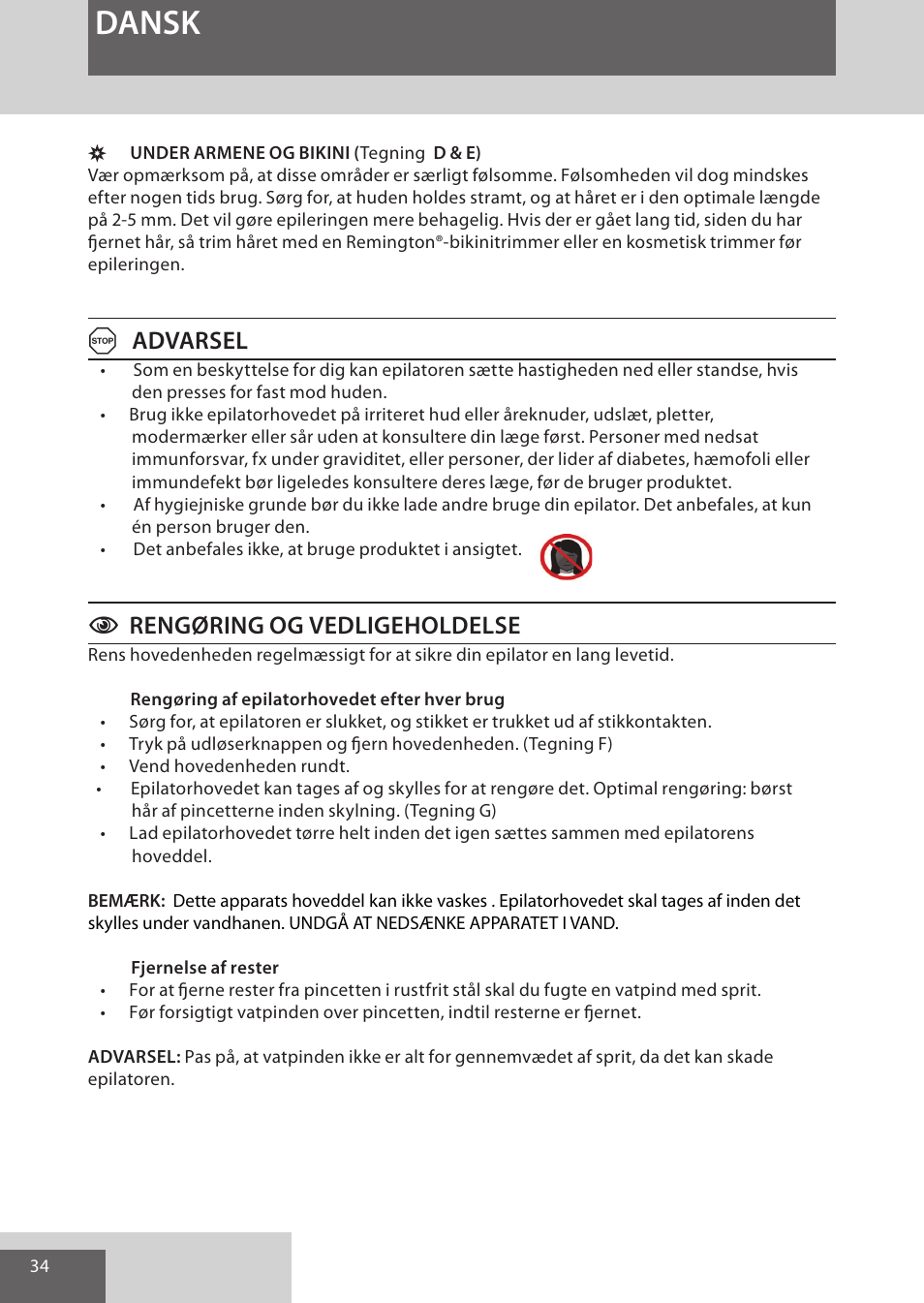 Dansk, Aadvarsel, Crengøring og vedligeholdelse | Remington EP7010 User Manual | Page 34 / 108