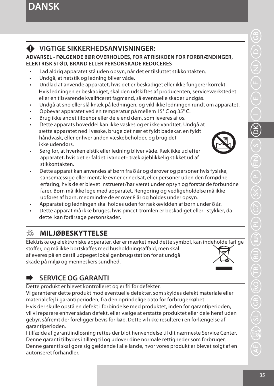 Dansk, Fvigtige sikkerhedsanvisninger, Hmiljøbeskyttelse | Eservice og garanti | Remington EP7010 User Manual | Page 35 / 108