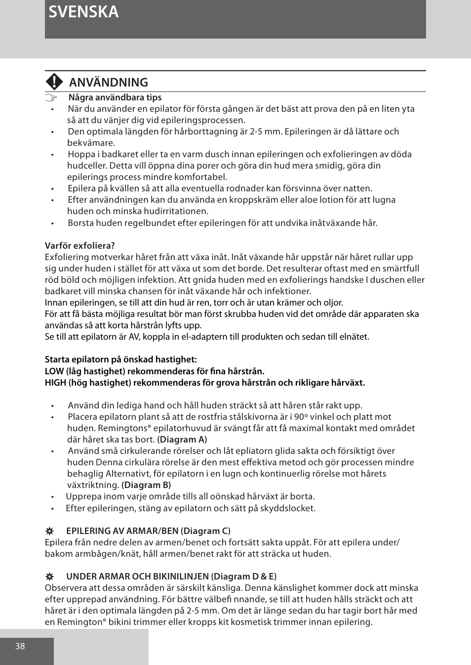 Svenska, Användning | Remington EP7010 User Manual | Page 38 / 108