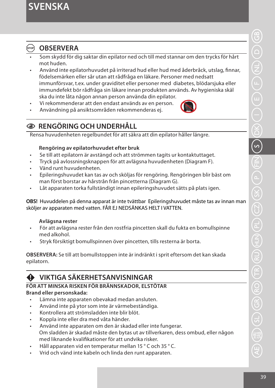 Svenska, Aobservera, Crengöring och underhåll | Fviktiga säkerhetsanvisningar | Remington EP7010 User Manual | Page 39 / 108