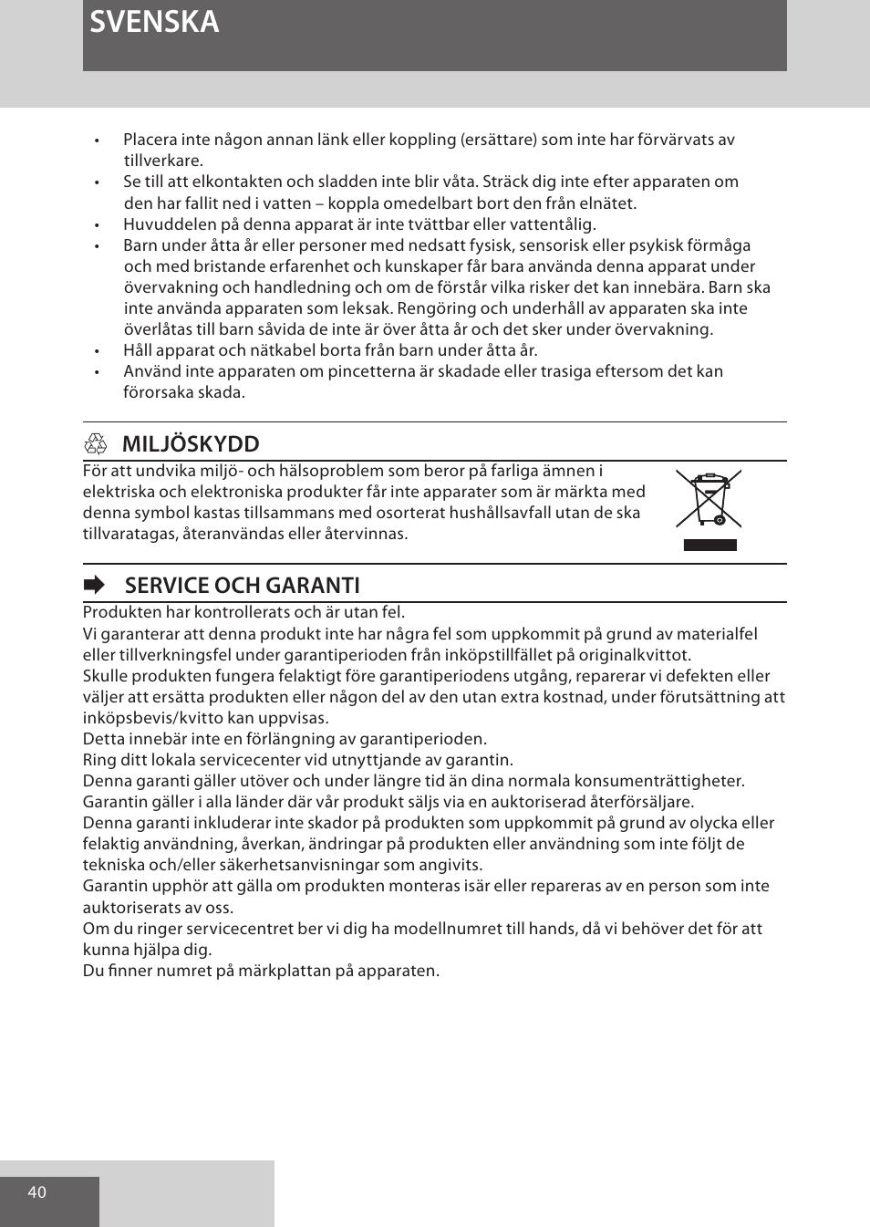 Svenska, Hmiljöskydd, Eservice och garanti | Remington EP7010 User Manual | Page 40 / 108