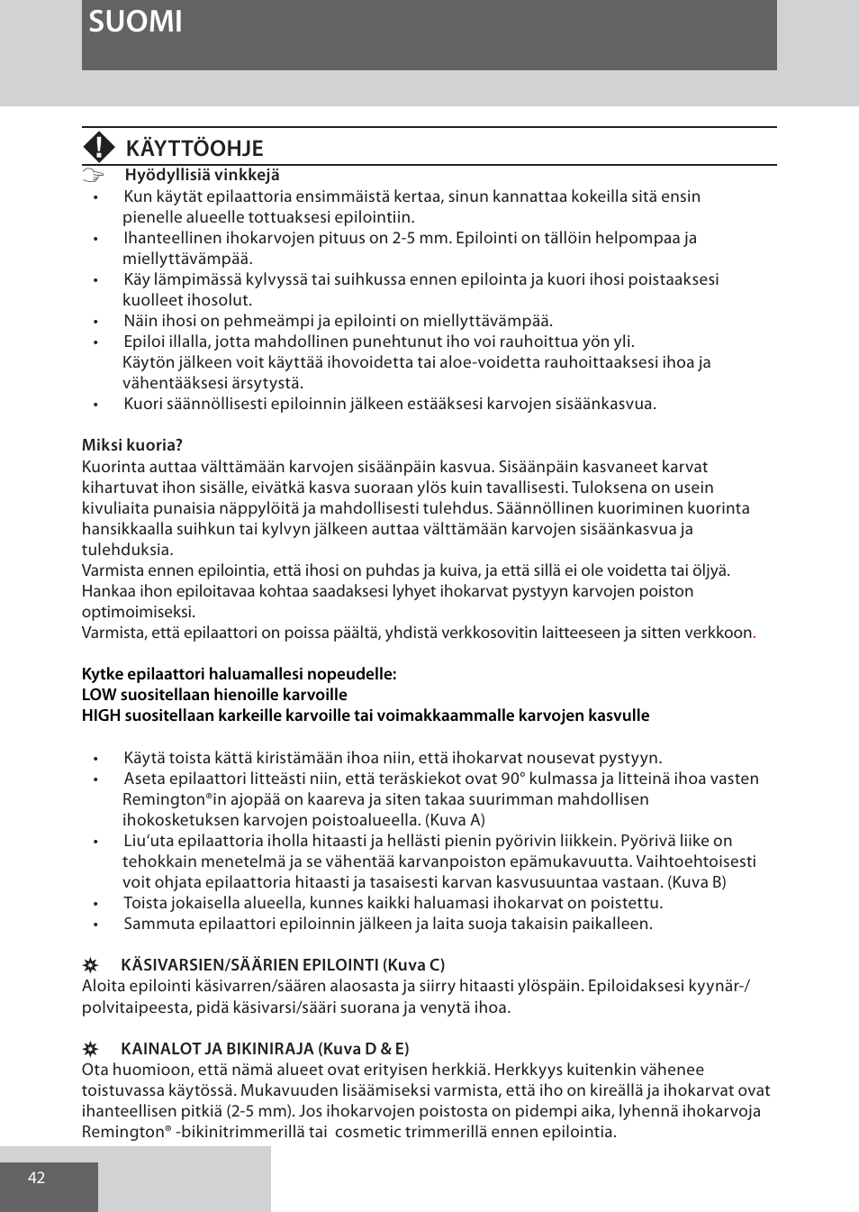 Suomi, Käyttöohje | Remington EP7010 User Manual | Page 42 / 108