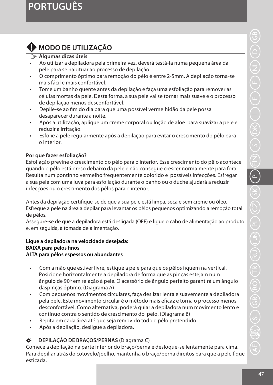 Português, Modo de utilização | Remington EP7010 User Manual | Page 47 / 108