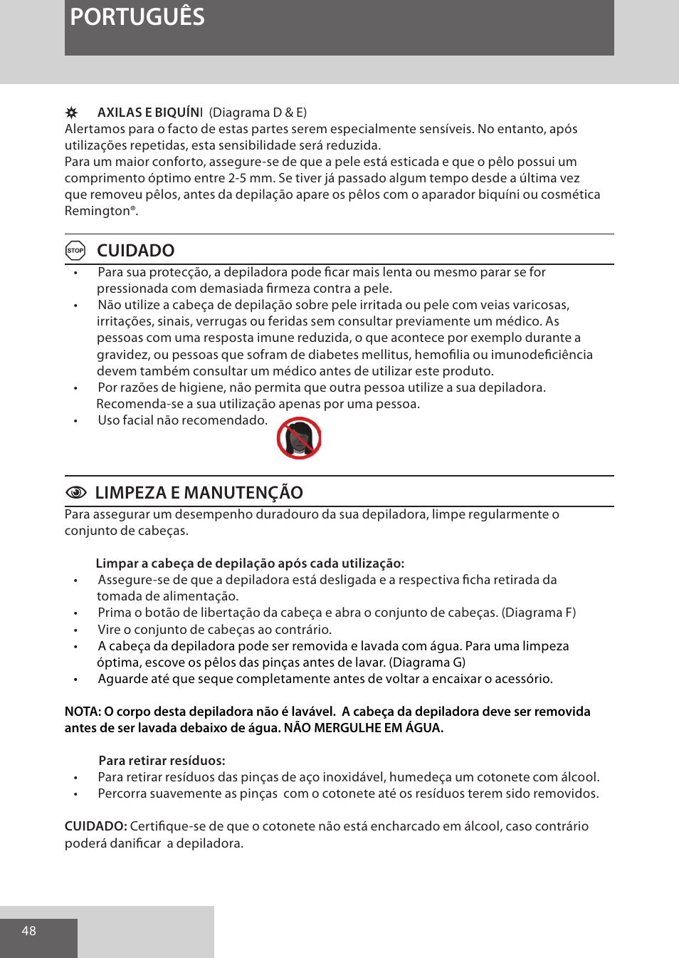 Português, Acuidado, Climpeza e manutenção | Remington EP7010 User Manual | Page 48 / 108