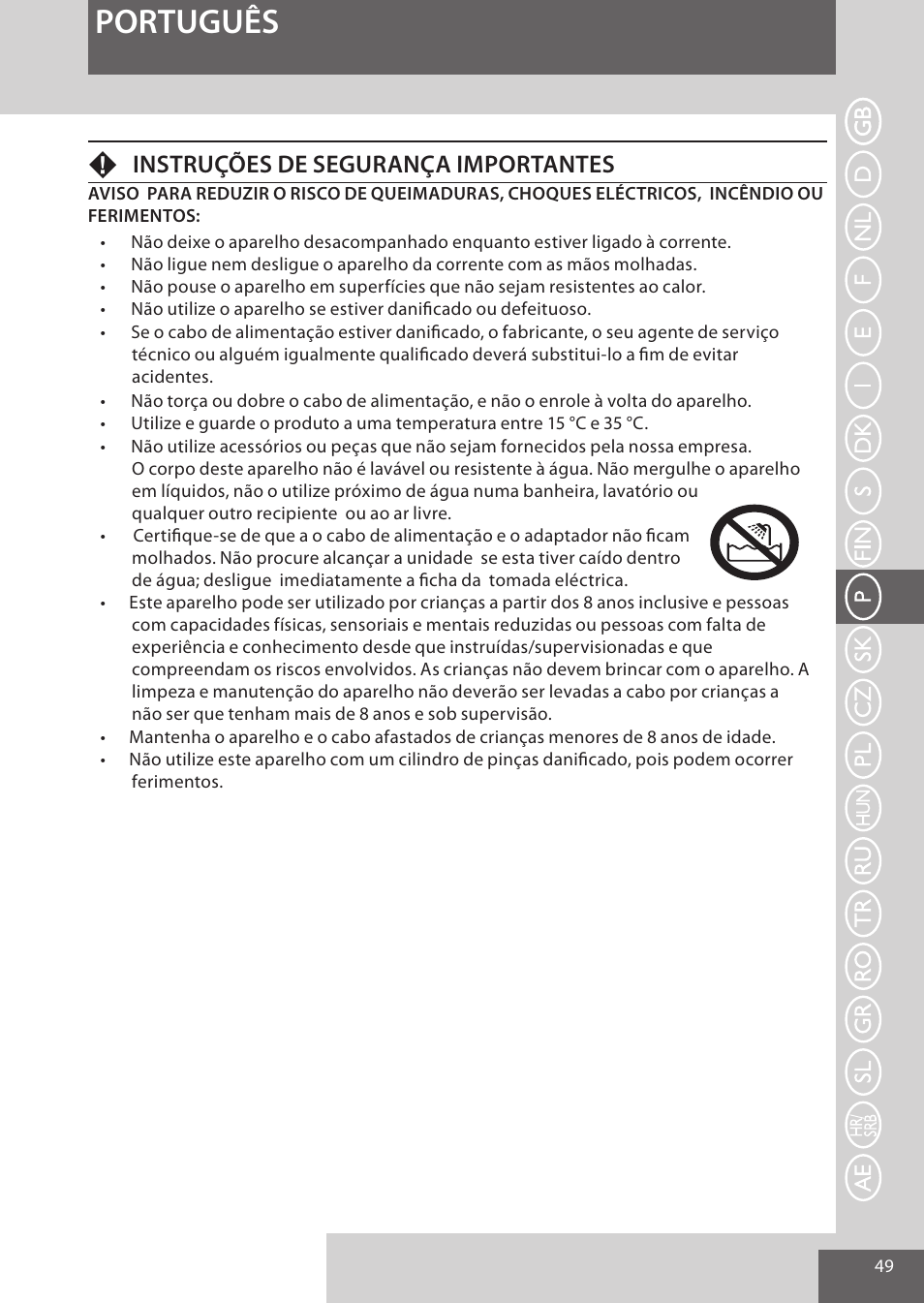 Português, Finstruções de segurança importantes | Remington EP7010 User Manual | Page 49 / 108