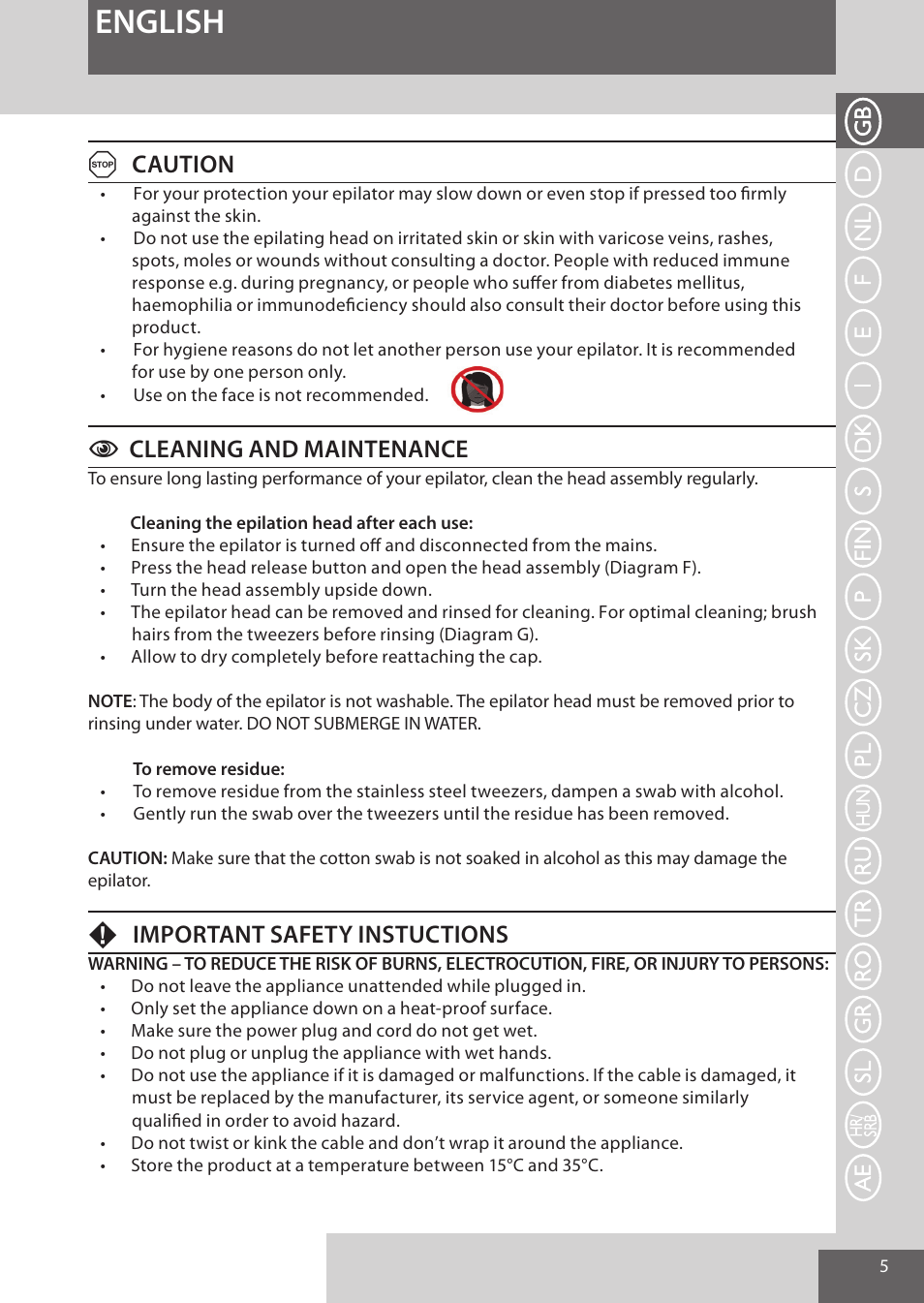 English, Acaution, Ccleaning and maintenance | Fimportant safety instuctions | Remington EP7010 User Manual | Page 5 / 108