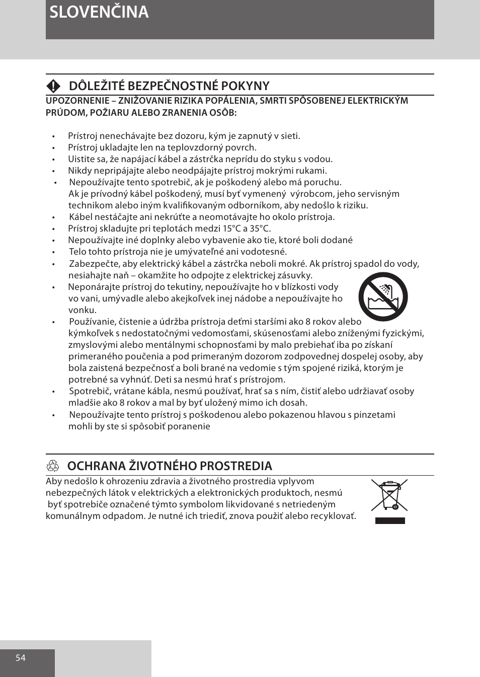 Slovenčina, Fdôležité bezpečnostné pokyny, Hochrana životného prostredia | Remington EP7010 User Manual | Page 54 / 108