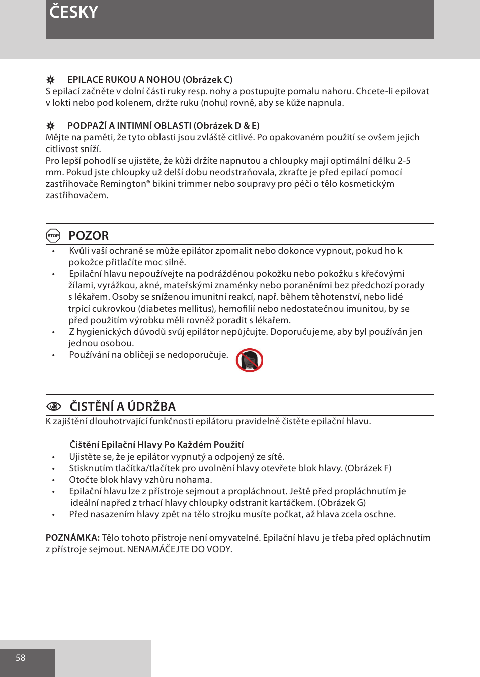 Česky, Apozor, Cčistění a údržba | Remington EP7010 User Manual | Page 58 / 108