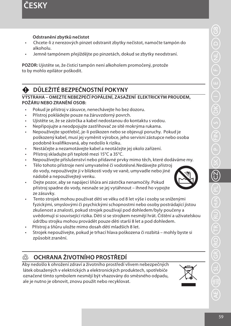 Česky, Fdůležité bezpečnostní pokyny, Hochrana životního prostředí | Remington EP7010 User Manual | Page 59 / 108