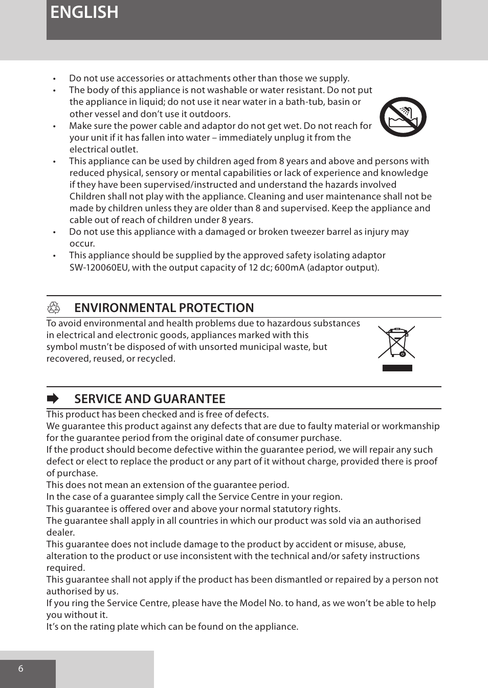 English, Henvironmental protection, Eservice and guarantee | Remington EP7010 User Manual | Page 6 / 108