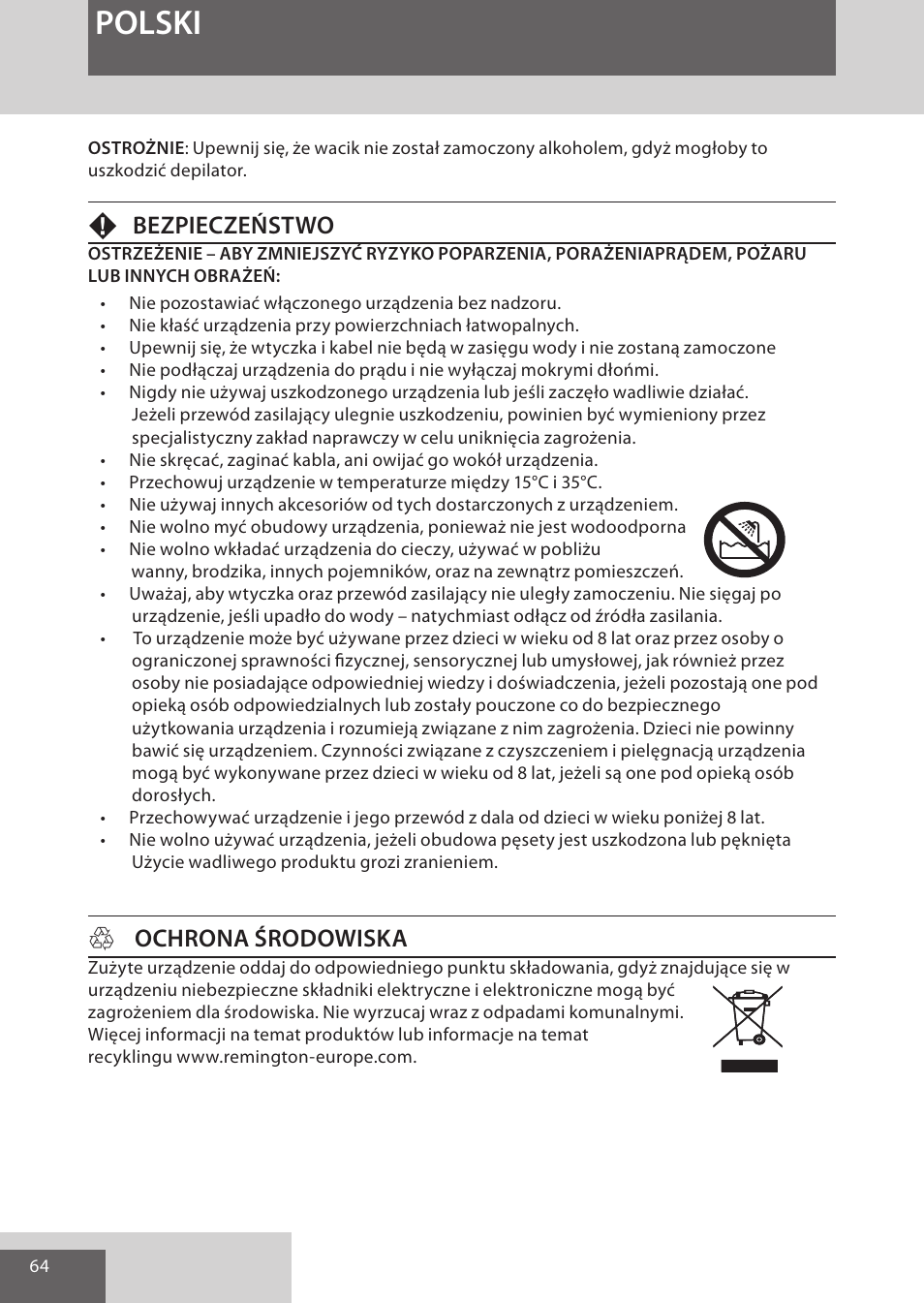 Polski, Fbezpieczeństwo, Hochrona środowiska | Remington EP7010 User Manual | Page 64 / 108