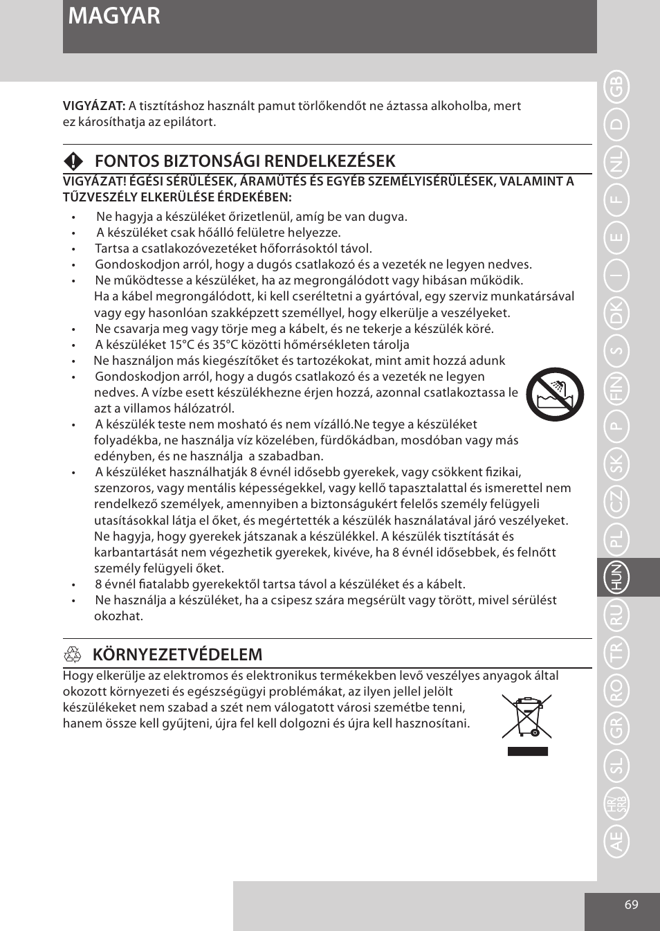 Magyar, Ffontos biztonsági rendelkezések, Hkörnyezetvédelem | Remington EP7010 User Manual | Page 69 / 108