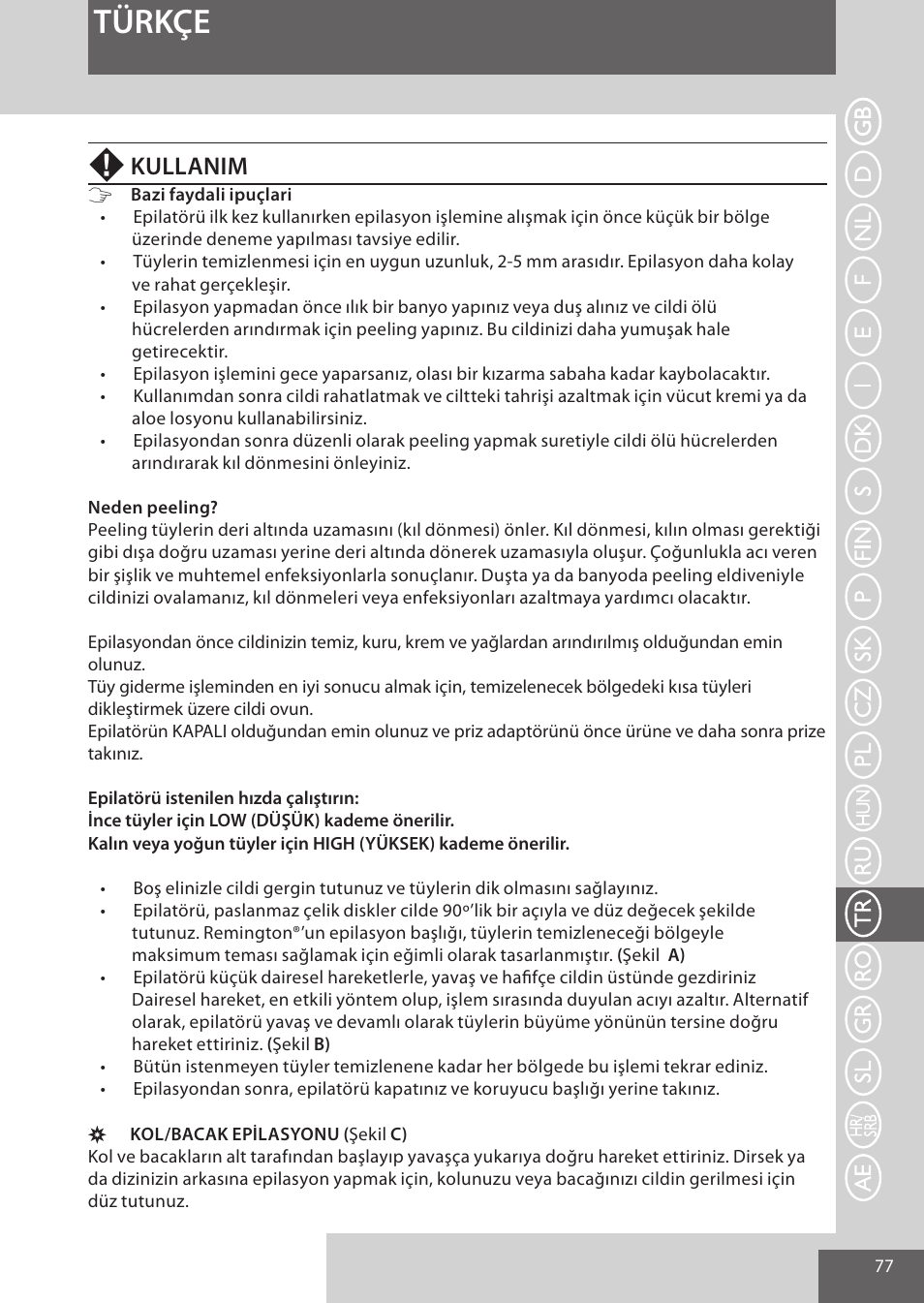 Türkçe, Kullanim | Remington EP7010 User Manual | Page 77 / 108