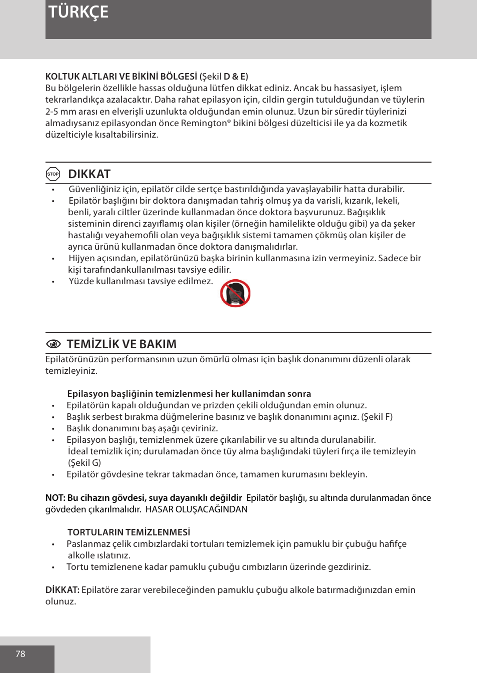 Türkçe, Adikkat, Ctemizlik ve bakim | Remington EP7010 User Manual | Page 78 / 108