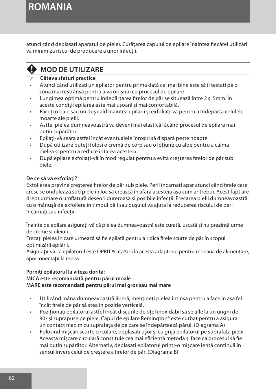 Romania, Mod de utilizare | Remington EP7010 User Manual | Page 82 / 108