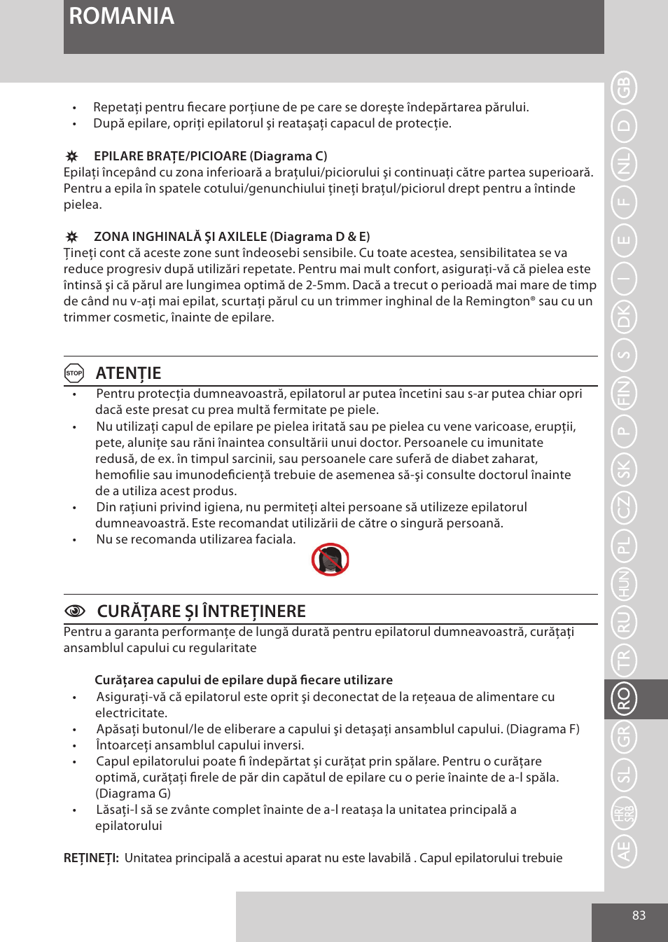 Romania, Atenţie, Ccurățare și întreținere | Remington EP7010 User Manual | Page 83 / 108