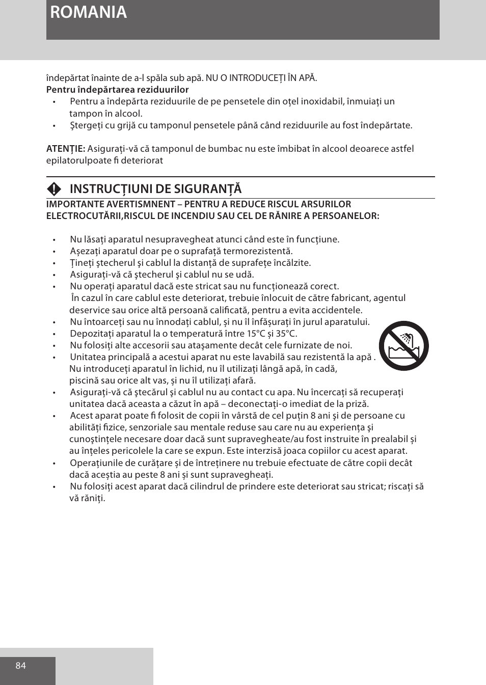 Romania, Finstrucţiuni de siguranţă | Remington EP7010 User Manual | Page 84 / 108