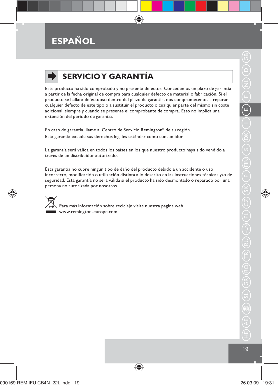 Español, Servicio y garantía | Remington CB4N User Manual | Page 21 / 84