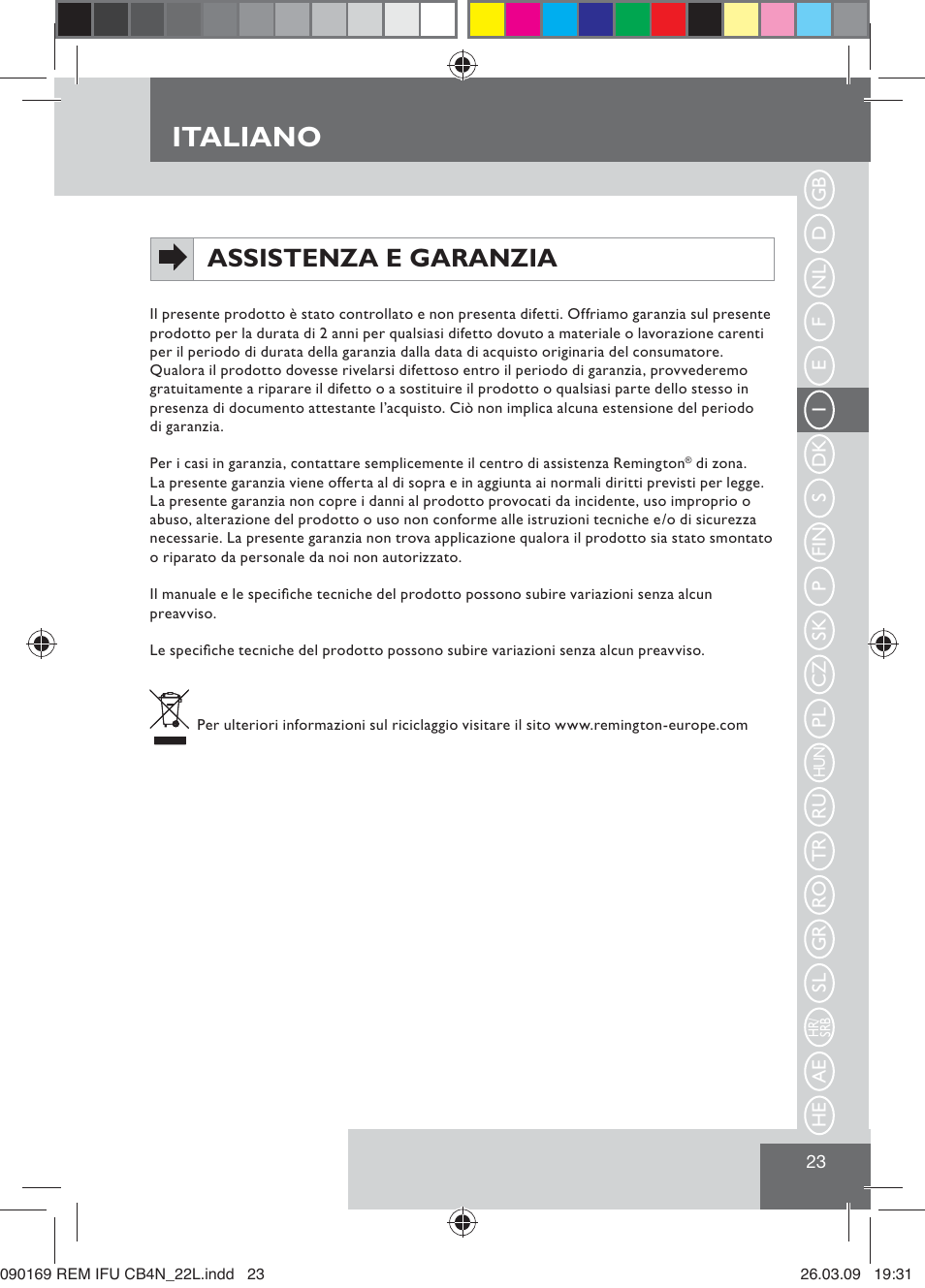 Italiano, Assistenza e garanzia | Remington CB4N User Manual | Page 25 / 84