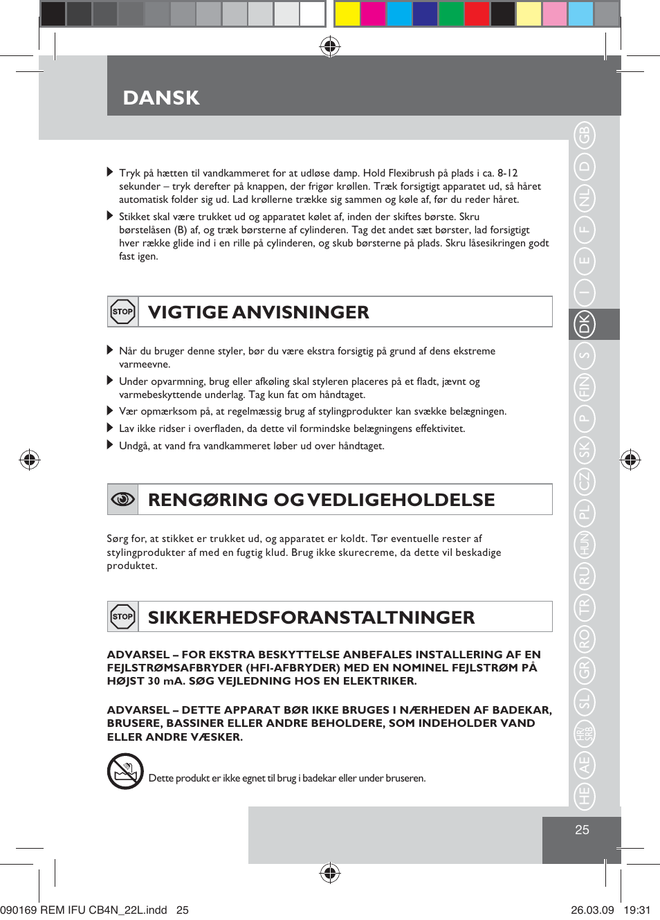 Dansk, Vigtige anvisninger, Rengøring og vedligeholdelse | Sikkerhedsforanstaltninger | Remington CB4N User Manual | Page 27 / 84